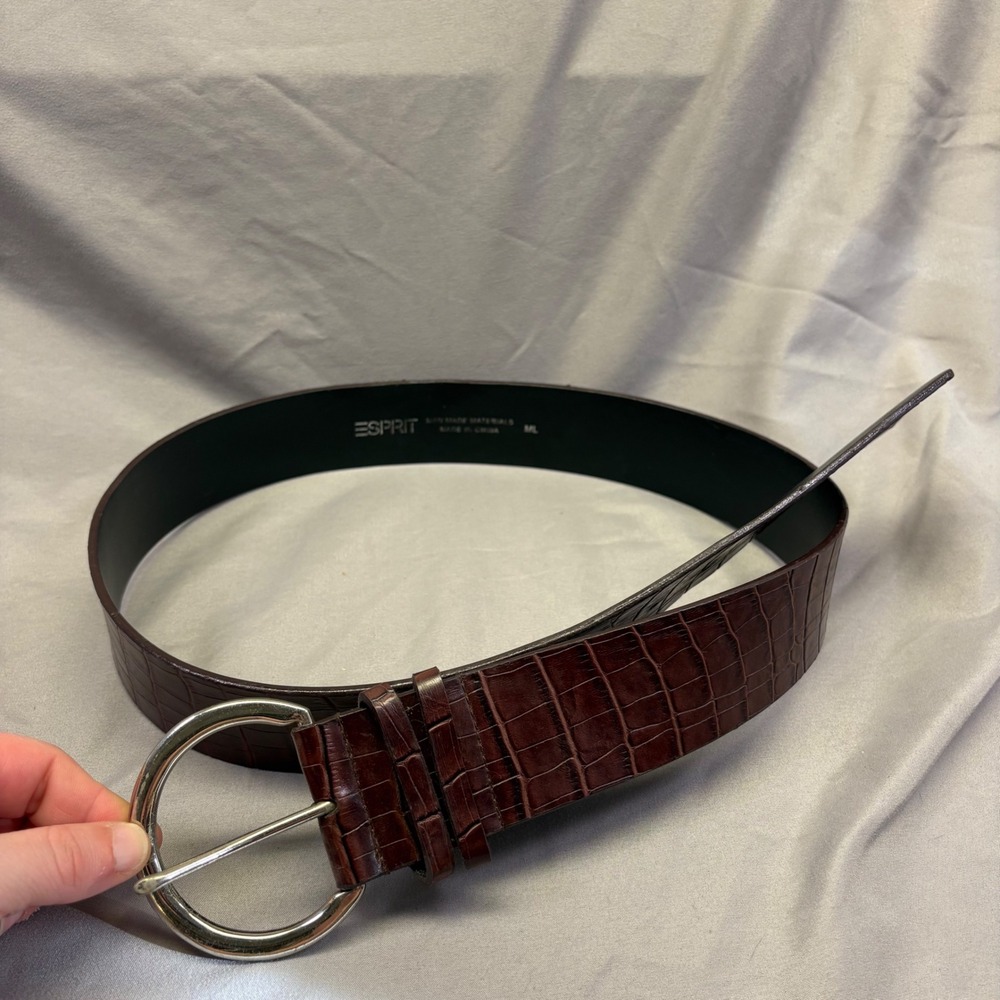 Esprit Womens Dark Brown Croc Embossed Faux Leather Belt‎ Silver Buckle Size ML